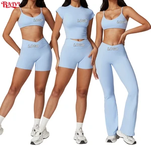 Custom Logo Women Gym Workout Set Eco-friendly Ropa Deportiva Mujer Nude Sports Bra Flare Leggings Set Fitness Yoga Outfit Set