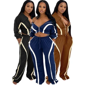 Custom logo Fall Casual Tracksuit Wo-pieces Pant Set With Short Jacket Top Coat and Wide Leg Sweatpants