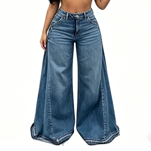 Women Loose Straight Leg Jeans Blue Washed Denim Trousers European American Streetwear Wholesale OEM ODM Custom