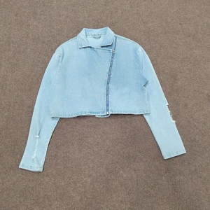 Women's Cropped Light Blue Denim Jacket Diagonal Zip up Distressed Jean Coat Vintage Washed Moto Style Streetwear Outerwear