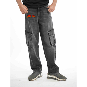 Top Trendy High Waist Casual Straight Denim Jeans Loose Wide-Leg Denim Trousers Utility Cargo Pocket Stonewashed Print Dark Pant