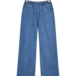 Women's Casual Soft Denim Wide Leg Pants Elastic Waist Drawstring Loose Fit Trousers with Pockets