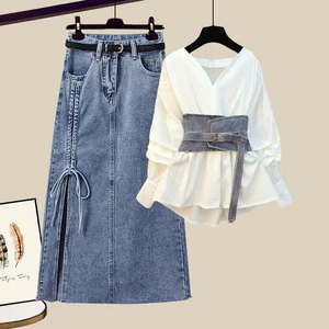 WQZ26029 Spring Suit Women 2026 New Arrival Plus-size Women's Clothing Design Sense Niche Waist-cinching Shirt Denim Skirt Set