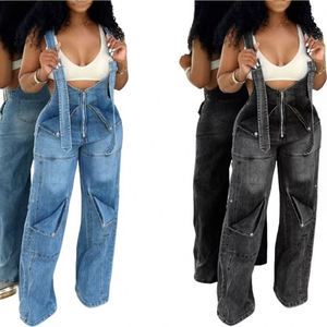 New Arrivals Women's High-Waisted Denim Overalls Loose Fit Vintage Autumn Casual Wide-Leg Demin Jeans Jumpsuit