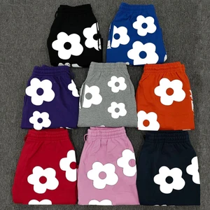 Trendy Casual Brand Collection Men's Unique Denim Tear Solid Short Shorts Set Mid Waist 100% Cotton Drawstring for Puff Print