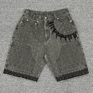 Rhinestone Fringe Men's Denim Shorts - Custom Acid Wash Vintage Jeans with Embossed Details
