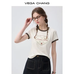 VEGA CHANG Cream White Heart Print Ringer T Shirt Short Sleeve Crew Neck Casual Graphic Top For Wholesale