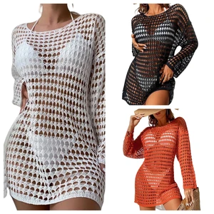 Custom Solid Color New Hollow Out Knit Sexy Bikini Swimsuit Sun Shirt Women Vacation Outer Loose Pullover Beach Cover up