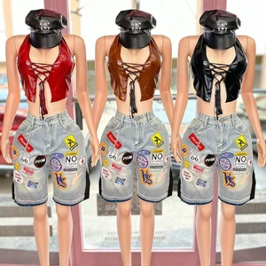 Women's Trendy Street Style Suit with Sleeveless Top and Embroidered Above Knee Denim 2 Pieces Shorts Knit Two-Piece Set Summer