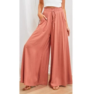 Ladies Elastic Waist Trousers Oem Custom Pattern Viscose Cotton Loose Wide Leg Pants Women Plus Size Women's Pants