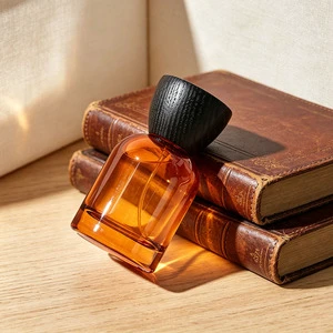 Chic 50ml Amber Glass Mist Spray Bottle With Unique Black Wood Grain Bowl Shaped Lid For Travel And Decor