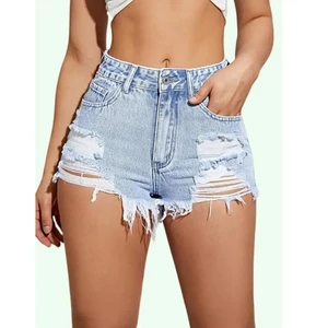 2025 Hot Selling Women's High-Waist Straight Distressed Denim Shorts Casual Slim Fit Breathable Belt Button Sexy Summer