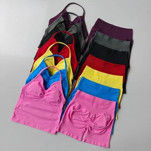 Custom Logo Women's Seamless Active Wear Set Quick Drying Halter Yoga Tank Top Scrunch Butt Shorts 2 Piece Gym Yoga Workout Set