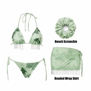 OEM Swimwear Manufacturer Custom Beaded Strings Coverup Bikini Sets Swimsuit For Women Bathing Suit Beach Scrunchie Wrap Skirt