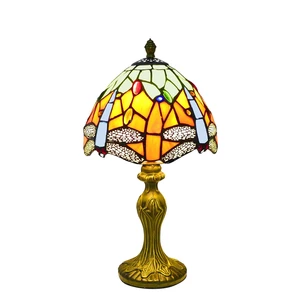 Tiffany Table Lamp Baroque Handmade Stained Glass Desk Lamps Gifts Alloy Resin Green Dragonfly Vintage Reading Lamp