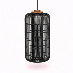 Modern Black Rattan Bamboo Pendant Light Cylinder Lantern Chandelier Ceiling Lamp For Living Room Hotel Bali Handcrafted Fixture