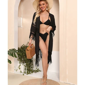 2024 Crochet White Knitted Beach Cover up Dress Tunic Long Pareos Girl Bikinis Cover Ups Lace See Through Robe Plage Beachwear