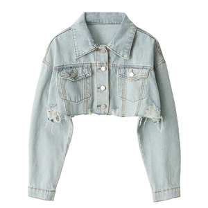 Top Trending Autumn Women Denim Jacket Gothic Skinny Ripped Short Coat Long Sleeve Streetwear Outerwear Jacquard Button Belt