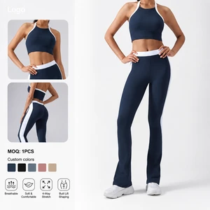 Women Two Piece Yoga Outfit Halter Bra High Waisted Flare Pants Contrast Color Gym Workout Athletic Tracksuit Set