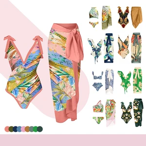JSN 2025 New Women Printed Swimsuit Cover up Ruffle Strap One Pieces Bathing Suit Floral Swimwear Beachwear