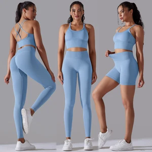 6632 Fashion Seamless Gym Clothing for Women Fitness 3Pcs Yoga Set High Stretch Breathable Sexy Cross Bra Leggings Workout Sets