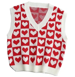 Custom Cotton Knitted Breathable Eco-Friendly Unisex Sweater Sleeveless Vest Women Men Spring Fall Fashion Plaid Heart College