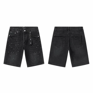 Vintage Men's Baggy Straight Loose Denim Shorts Breathable Casual Streetwear Low Cargo Pants-Black Washed Custom Logo Embroidery
