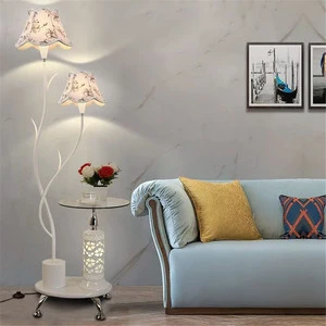 Modern Floor Lamp with Table Elegant Living Room Bedroom Corner 2-Light Floral Fabric Shade Standing Light for Home Decor