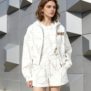 Women's Custom Cotton French Terry Camo Embroidered Boxy Double Zip Hoodie & Shorts Set, High Quality Casual Two Piece Set