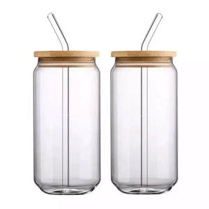 Wholesale Heat Cold Resistant Borosilicate Glass Can Shaped Cups Mason Jars Beer Can Glasses Steins With Bamboo Lids And Straw