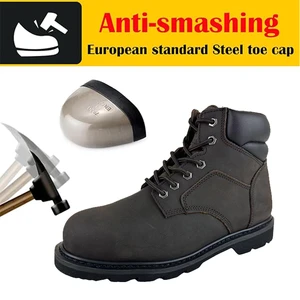 Steel Toe Goodyear Welt Safety Boots 6 Inch Brown Crazy-horse Cow Leather Shoes Factory Construction Mining Worker Footwear