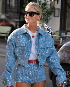 Women Denim Sets Sequined Crop Coat Shorts Two Piece Set Jacket Short Mujer Jeans