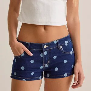 Custom Women's Dark Blue Polka Dot Printed Low Waist Zipper Buttons Slim Fit Casual Summer Mini Denim Shorts Manufacturer