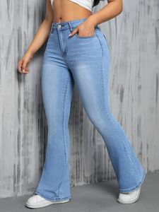 High Waisted Flare Leg Stonewashed Denim Pants Solid Gray Cotton Full Length Casual Women's Jeans Autumn Style