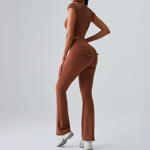 Cloud-Feel Breathable Yoga Set Women Solid Short-Sleeve Top Chest Pads High-Waisted 3-Piece Pilates Fitness Slightly Flared Yoga