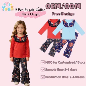 OEM Custom Print Children 2 Pc Girls Outfit Solid Long Sleeve Top Floral Flare Pants Toddler Kid Boutique Clothing Set Wholesale