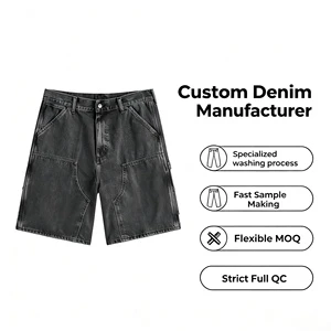 Custom Men's Black Vintage Washed Carpenter Denim Jorts Multi Pocket Wide Leg Workwear Shorts OEM Private Label Denim Shorts
