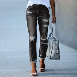 Women's Cross-Border New Regular Fit Solid Color Breathable Casual Summer Versatile Distressed Denim Jeans