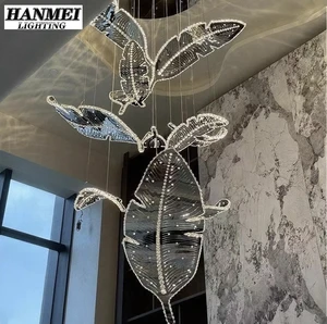 Long Glass Crystal Leaf Gold LED Adjustable Height Chandelier Living Room Duplex Staircase Hotel Club Lighting 3-Year Warranty