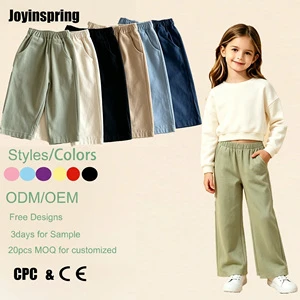 Versatile Fashion Premium Cotton Wide Leg Elastic Waist Girls Loose Trousers With Side Pockets For School Casual Daily Wear