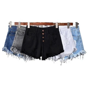 Plus Size High Quality Women Summer Wide Leg Shorts Beggar Raw Edge Hot Shorts Blue Black Gray Ripped Out Breasted Denim Shorts