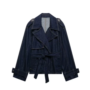 Spring 2026 Women's Denim Trench Coat Belted Long Jean Jacket Vintage Embroidered Casual Outerwear Custom Logo Plus Size Fashion