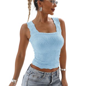 Women's Breathable Eco-Friendly High Stretch Embroidered Sleeveless Top Square Collar Solid Color Flower Pattern Vest New High