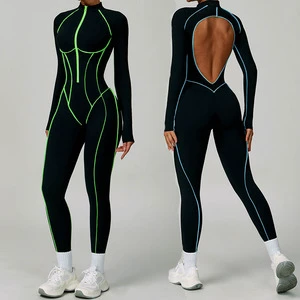 Women's Yoga Onessuit Contrast Color Stripe Yoga Suit High Strength Fitness Deep V Long Sleeve Top Pants Sports Zip Bra Jumpsuit