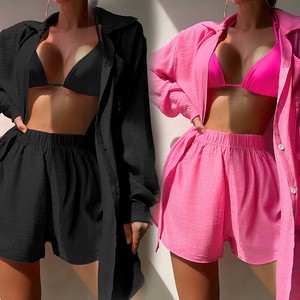 New Beach Coverup Loose Sexy Bikini Coverup Casual Single Breasted Beach Sunscreen Shirt 2pcs Set (blouse+shorts)