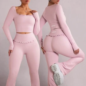 Custom Solid Yoga Sets Women's Ballet Inspired Ruffled Long Sleeve Butt Lifting Leggings Comfortable Soft Gym Running Activewear