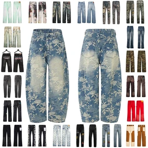 Fashion Blue Women's Baggy Denim Pants Denim Floral Jacquard Relaxed Baggy Fit Heavy Weight Streetwear Women Jeans