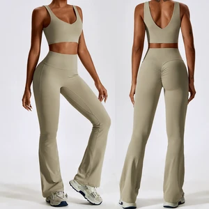 Yoga Pants Sets 2 Piece V Shaped Backless Active Wear Woman Activewear Manufacturer New Flare Leggings Gym Yoga Sport Set
