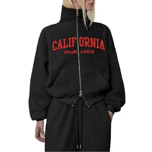 Women's Black Fleece Tracksuit Set Full Zip Stand Collar Loose Fit Letter Print Casual Wear All Seasons 2 Piece Long Set