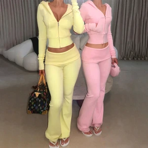 Custom Embroidery Patch Zip Up Tracksuit Ribbed Loungewear Sets For Women Flared Sweatpants And Zippered Hoodie Sweatsuit Set